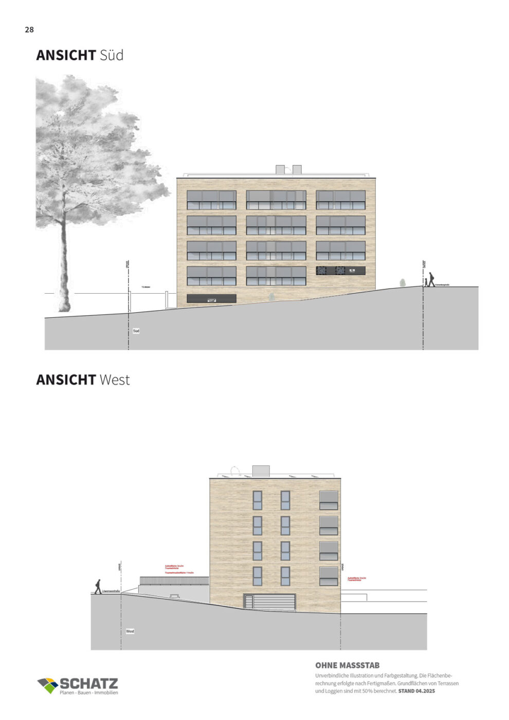 Löwenseestraße Die Architekturzeichnungen zeigen die Süd- und Westfassaden eines vierstöckigen, modernen Gebäudes mit großen Fenstern, hellem Mauerwerk und minimaler Landschaftsgestaltung, einschließlich eines Baumes und Figuren in Menschengröße als Maßstab. Diese Pläne sind ideal für alle, die eine Wohnung in Schorndorf kaufen möchten, und eignen sich perfekt für Bauträger, die nach Inspiration für zeitgenössisches Design suchen.