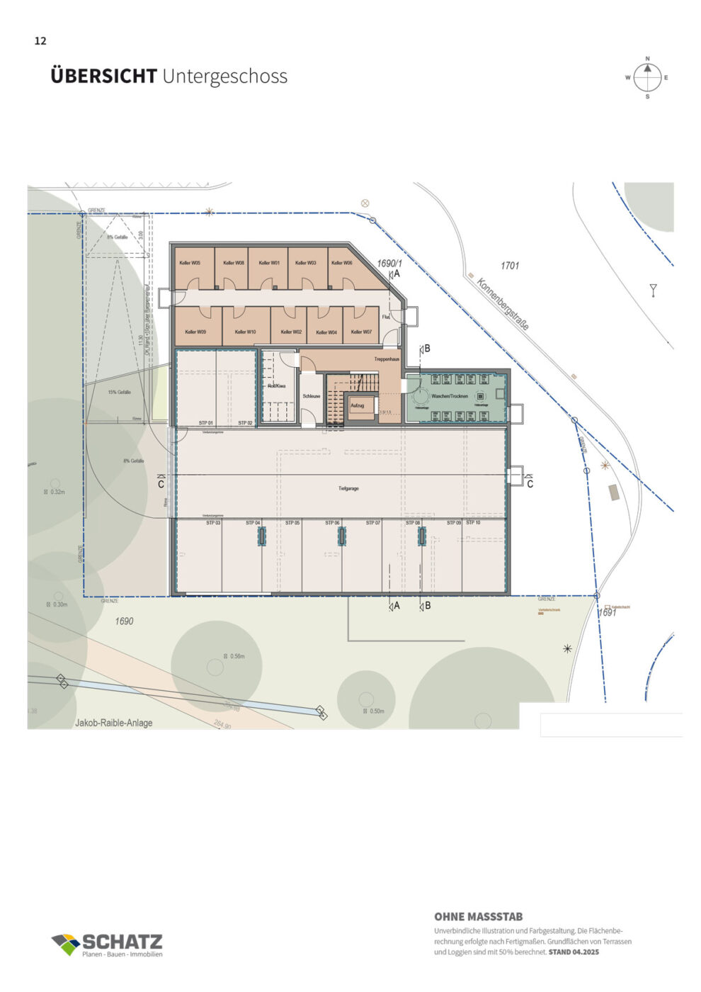 Löwenseestraße Grundriss des Untergeschosses eines Gebäudes mit beschrifteten Räumen, Treppen und Gängen. Der Grundriss enthält Symbole für die Außenanlagen sowie technische Details und trägt unten das Firmenlogo von SCHATZ Wohnbau – ideal für alle, die eine Immobilie oder eine Wohnung kaufen möchten.