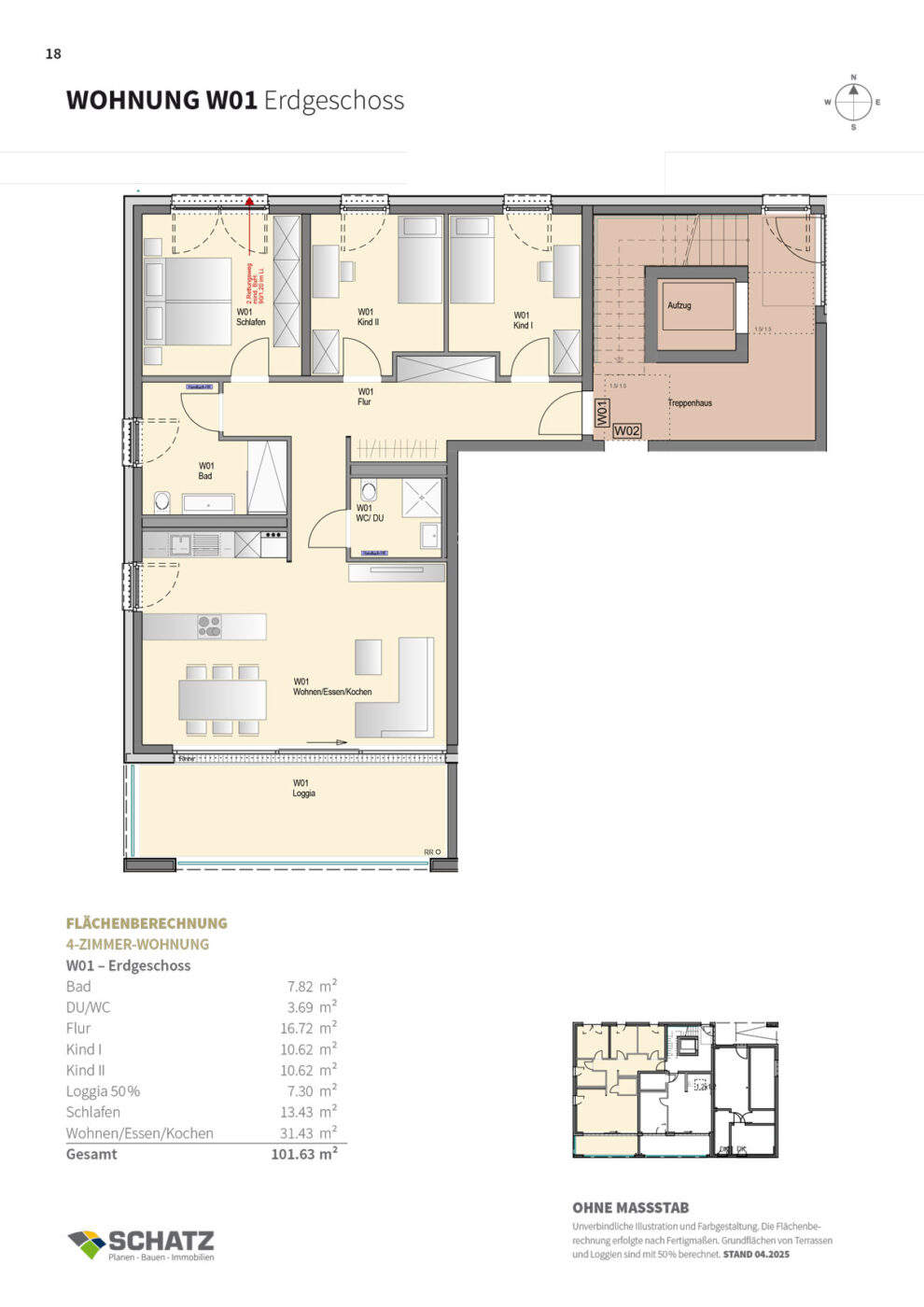 Löwenseestraße Grundriss einer 4-Zimmer-Wohnung in Schorndorf mit beschrifteten Wohnbereichen, Küche, Schlafzimmern, Badezimmern und Terrasse. Enthält Maßangaben und eine farbcodierte Raumliste für einen einfachen Überblick. Ideal für alle, die in der Region eine Immobilie kaufen möchten. Das SCHATZ Wohnbau-Logo unten links garantiert die Echtheit.