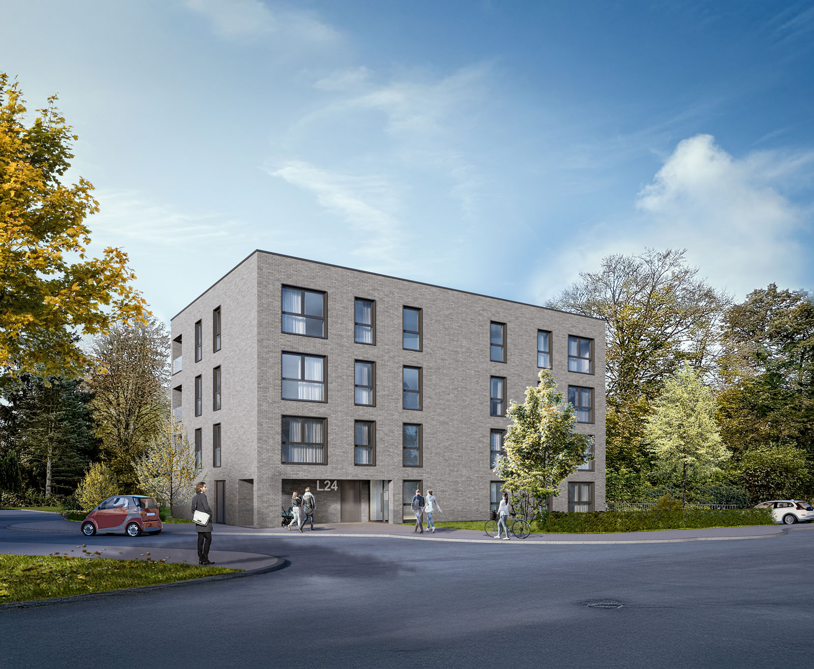 Leistungen Auf einem Eckgrundstück in der Löwenseestraße in Schorndorf steht ein modernes, vierstöckiges Mehrfamilienhaus mit grauer Backsteinfassade und großen Fenstern. Auf dem Gehweg laufen und radeln Menschen, Bäume umgeben das Gebäude, und unter dem blauen Himmel sind geparkte Autos zu sehen.
