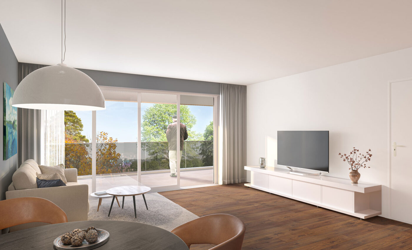 Löwenseestraße Modernes Wohnzimmer mit einem Sofa, einem Fernseher auf einem weißen Ständer, einem runden Couchtisch und großen Fenstern. Draußen steht eine Person auf dem Balkon, im Hintergrund sind Bäume und ein blauer Himmel zu sehen – ein einladender Raum, der das „Neubau“-Design von SCHATZ Wohnbau verkörpert.