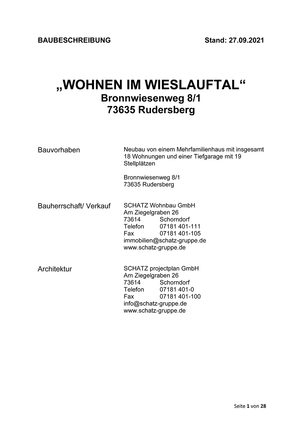 Bronnwiesenweg Rudersberg Deckblatt des Dokuments in deutscher Sprache mit dem Titel „WOHNEN IM WIESLAUTAL“, auf dem die Projektadresse, der Auftraggeber SCHATZ Wohnbau, der Verkäufer, der Architekt sowie deren Kontaktdaten aufgeführt sind. Datiert auf den 27.09.2021, gekennzeichnet als Seite 1 von 28. Ideal für alle, die eine Neubauwohnung kaufen möchten.