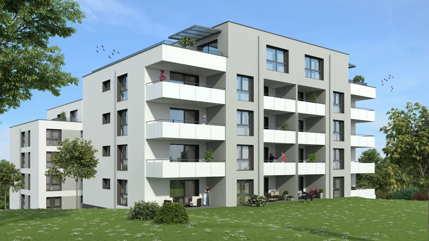 Bronnwiesenweg Rudersberg Modernes weißes Mehrfamilienhaus mit zahlreichen Balkonen, großen Fenstern und Menschen auf einigen Balkonen. Umgeben von grünem Rasen und Bäumen unter blauem Himmel, über dem Vögel fliegen, bietet diese Immobilie in Schorndorf eine ideale Möglichkeit für alle, die eine Wohnung direkt vom Bauträger kaufen möchten.