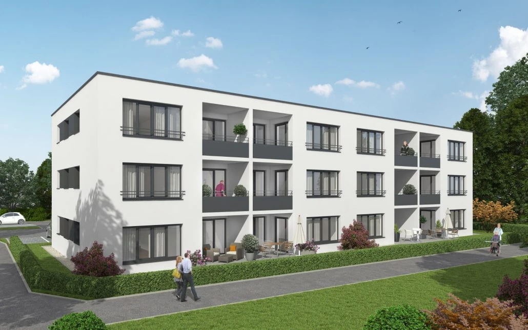Betreutes Wohnen Schafhofstraße Albershausen Ein modernes, dreistöckiges, weißes Mehrfamilienhaus mit Balkonen, großen Fenstern und einer gepflegten Grünanlage von SCHATZ Wohnbau in Schorndorf. Vor dem Haus gehen zwei Personen auf einem Weg; im Hintergrund sind Bäume und ein weißes Auto zu sehen – eine ideale Wahl für alle, die eine Immobilie kaufen möchten.